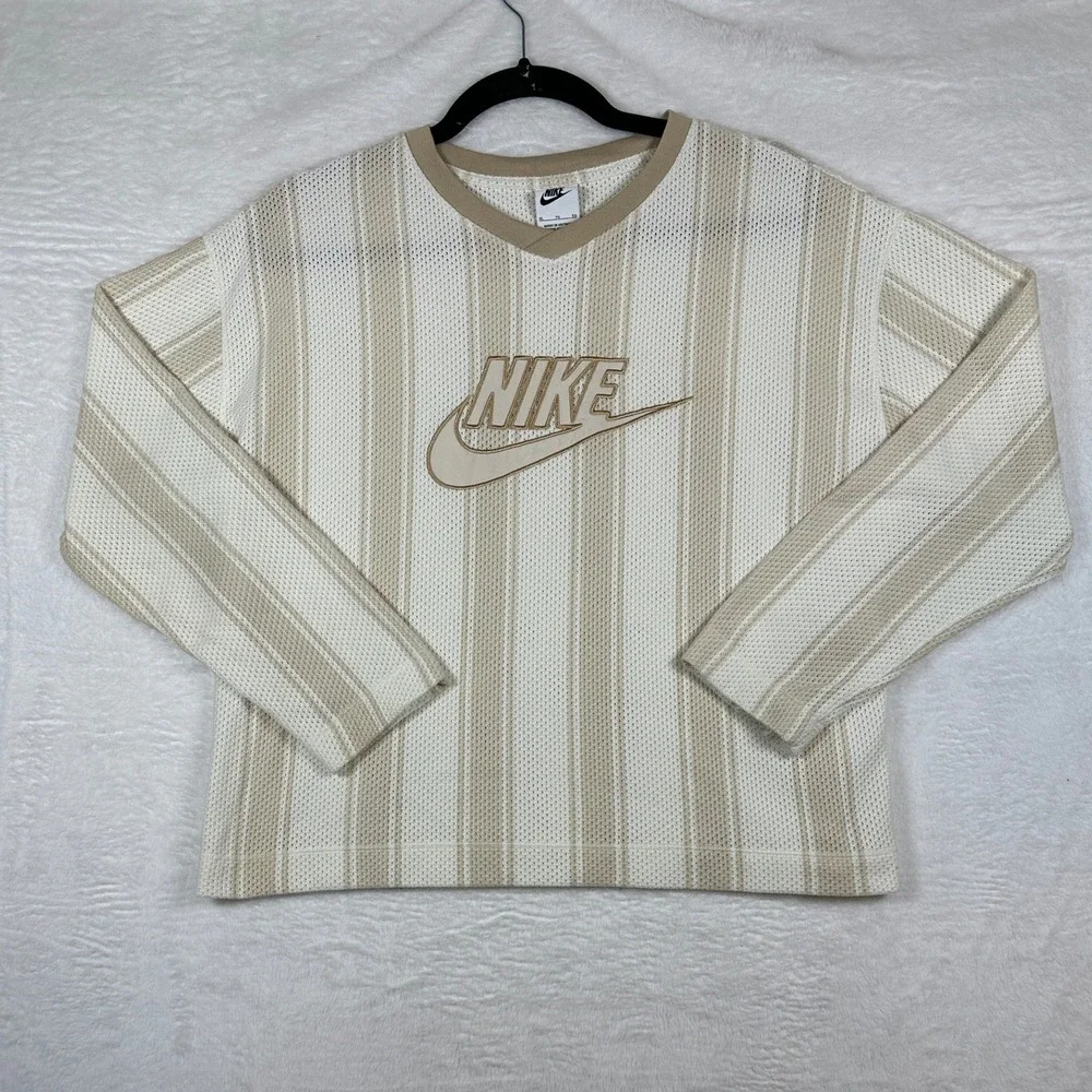 Nike Mesh Stripe Long Sleeve Jersey Youth XL Cream Tan Logo